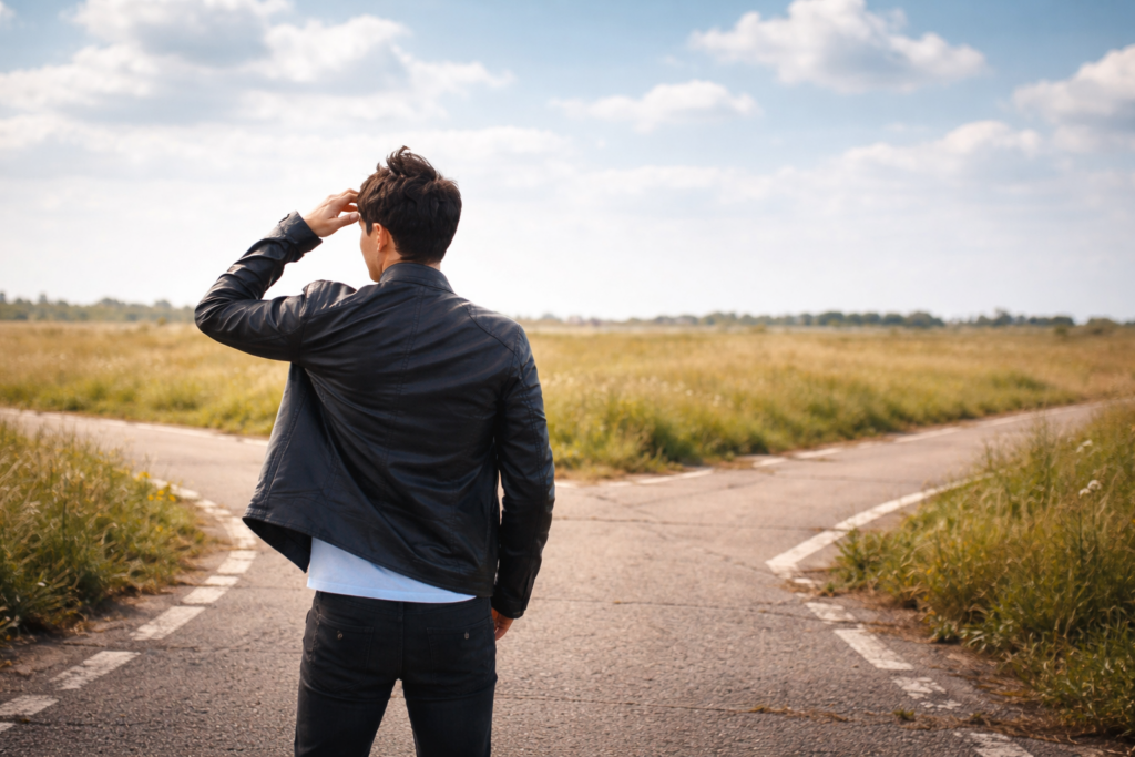 Młody mężczyzna stojący na rozdrożu – symbol wyboru życiowej drogi